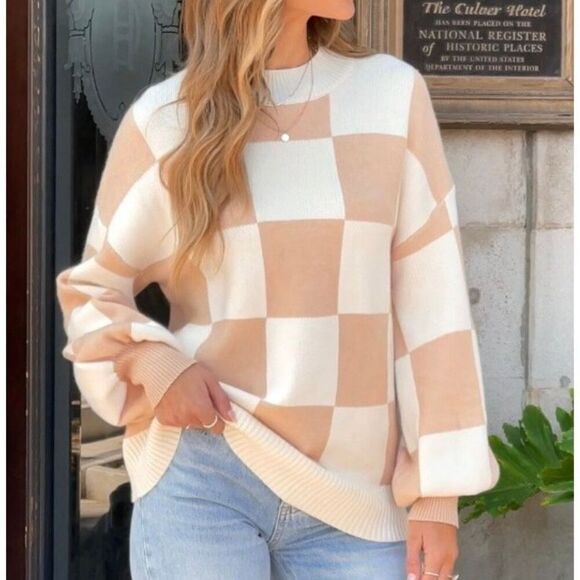 Zesica beige checkered sweater size M - Picture 1 of 10
